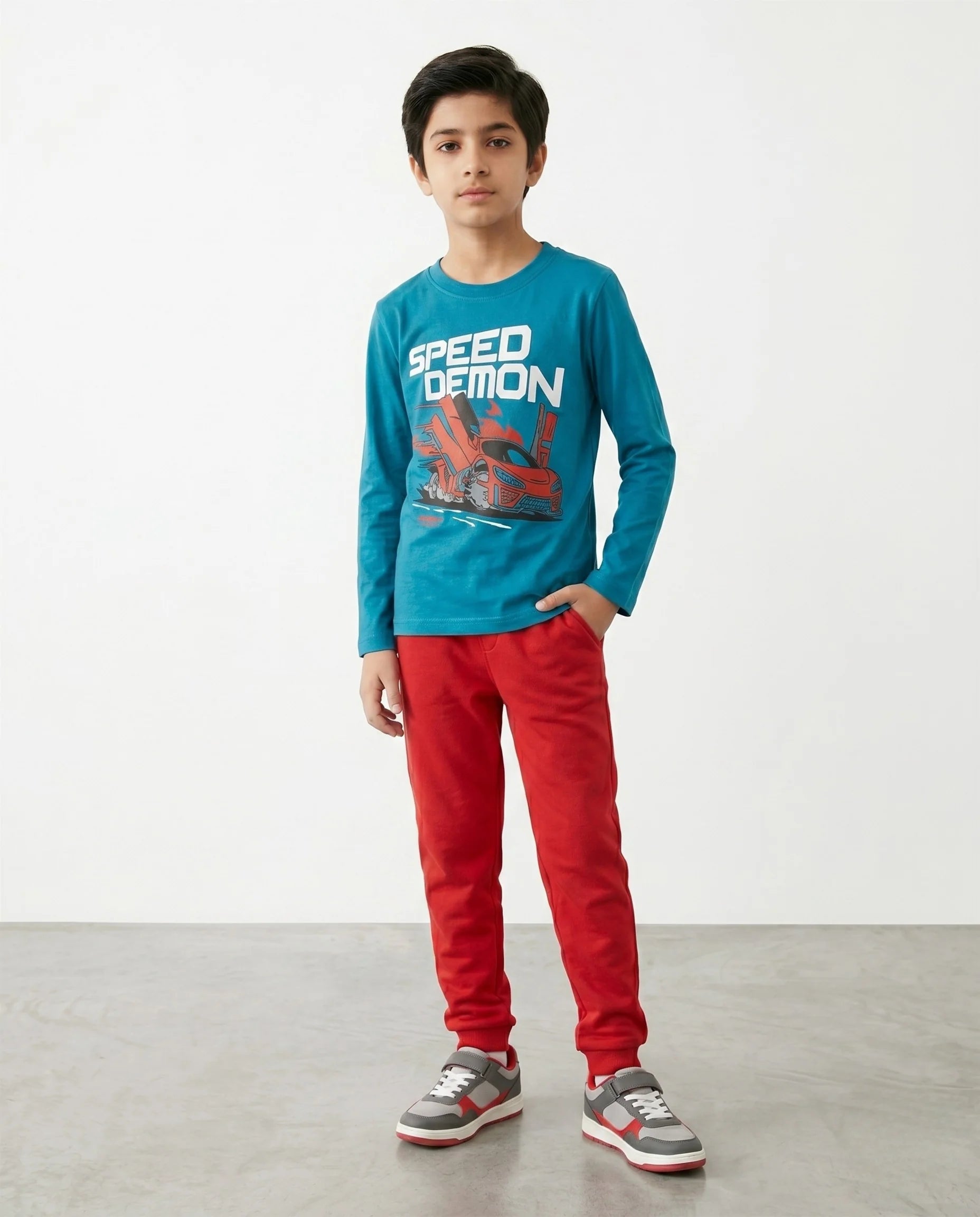 Boys 'Speed Demon' Graphic Long Sleeve T-Shirt and Red Jogger Set
