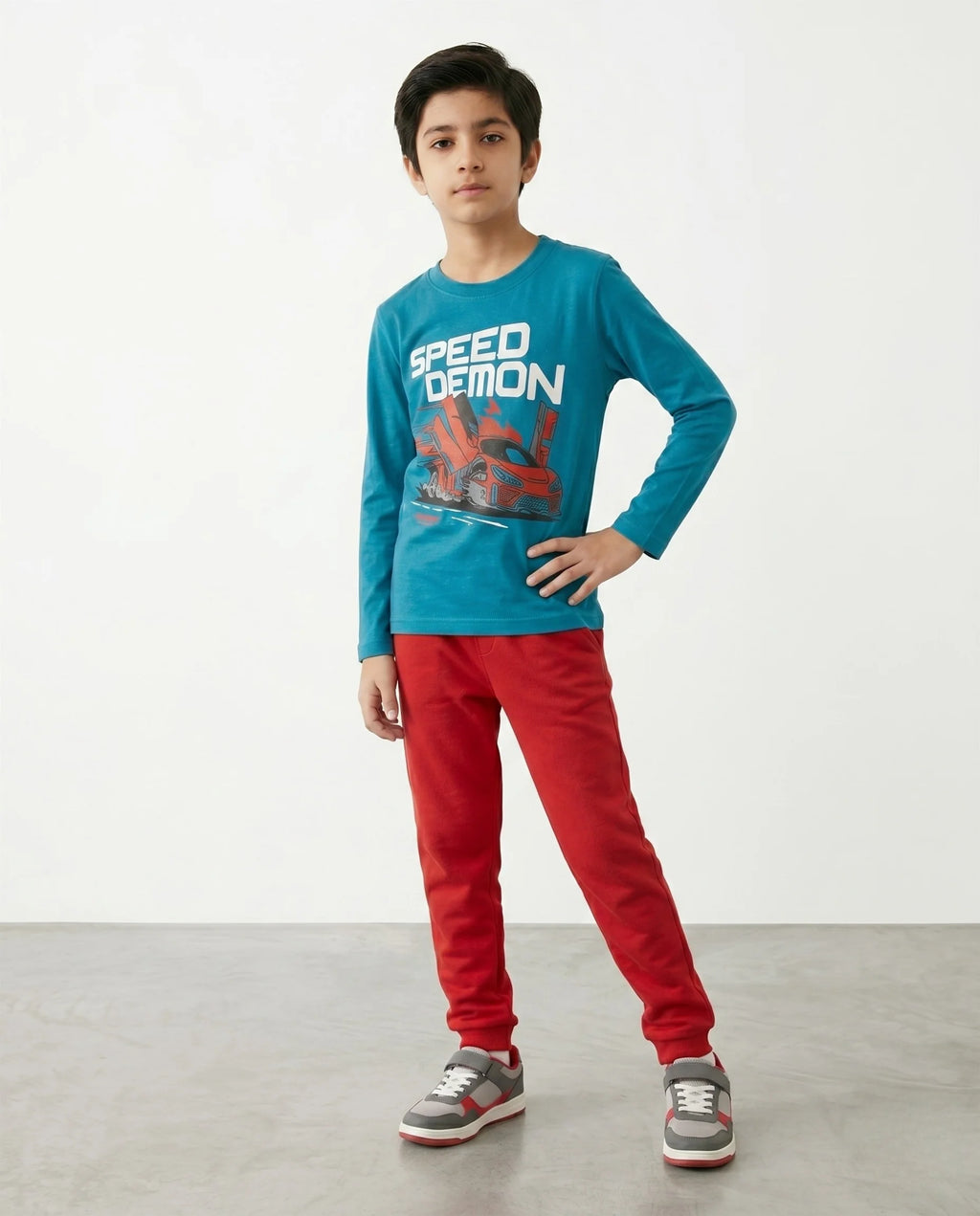 Boys 'Speed Demon' Graphic Long Sleeve T-Shirt and Red Jogger Set