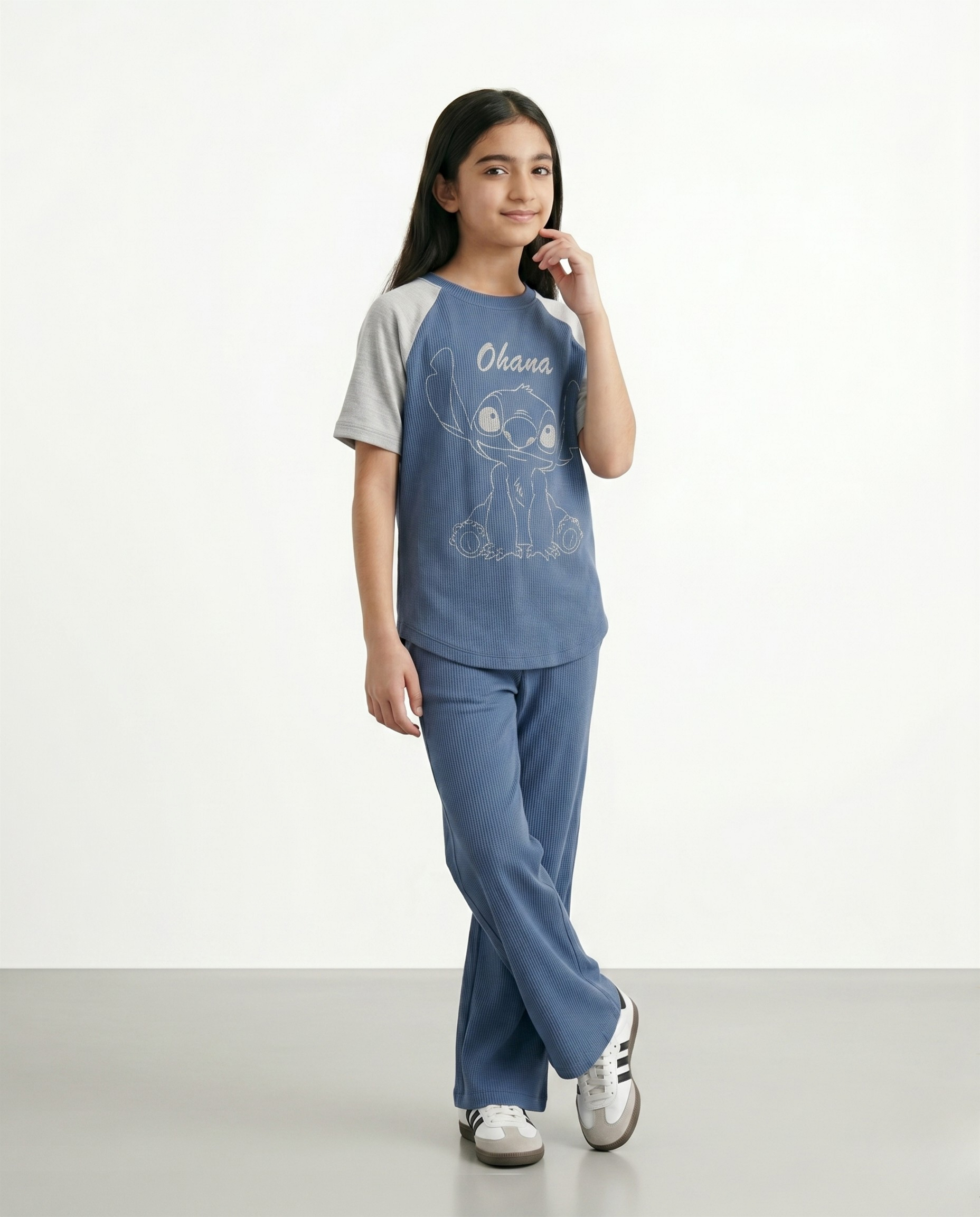 Girls Ohana Stitch Ribbed Co-Ord Set – Blue Short Sleeve T-Shirt & Wide Leg Pants