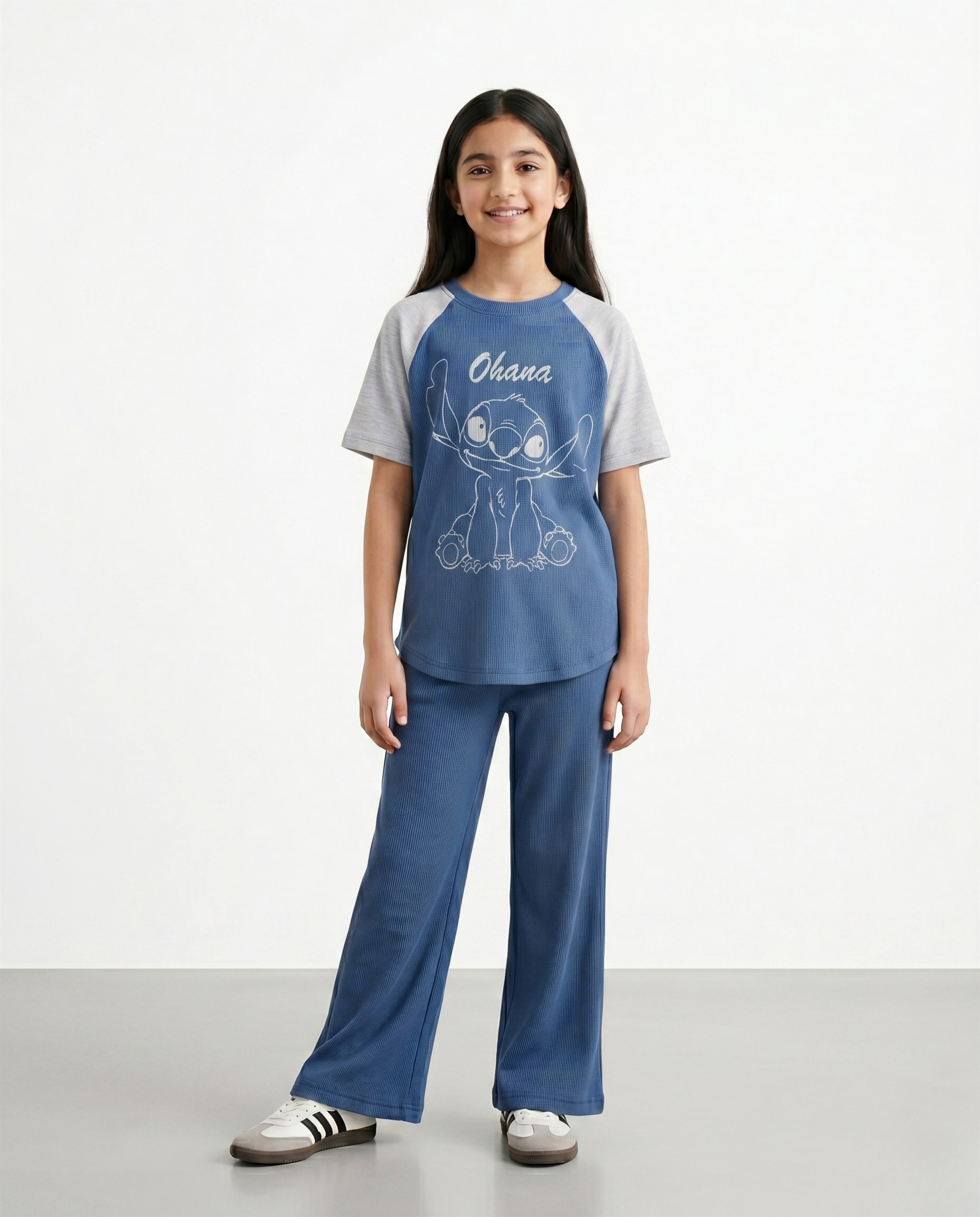 Girls Ohana Stitch Ribbed Co-Ord Set – Blue Short Sleeve T-Shirt & Wide Leg Pants