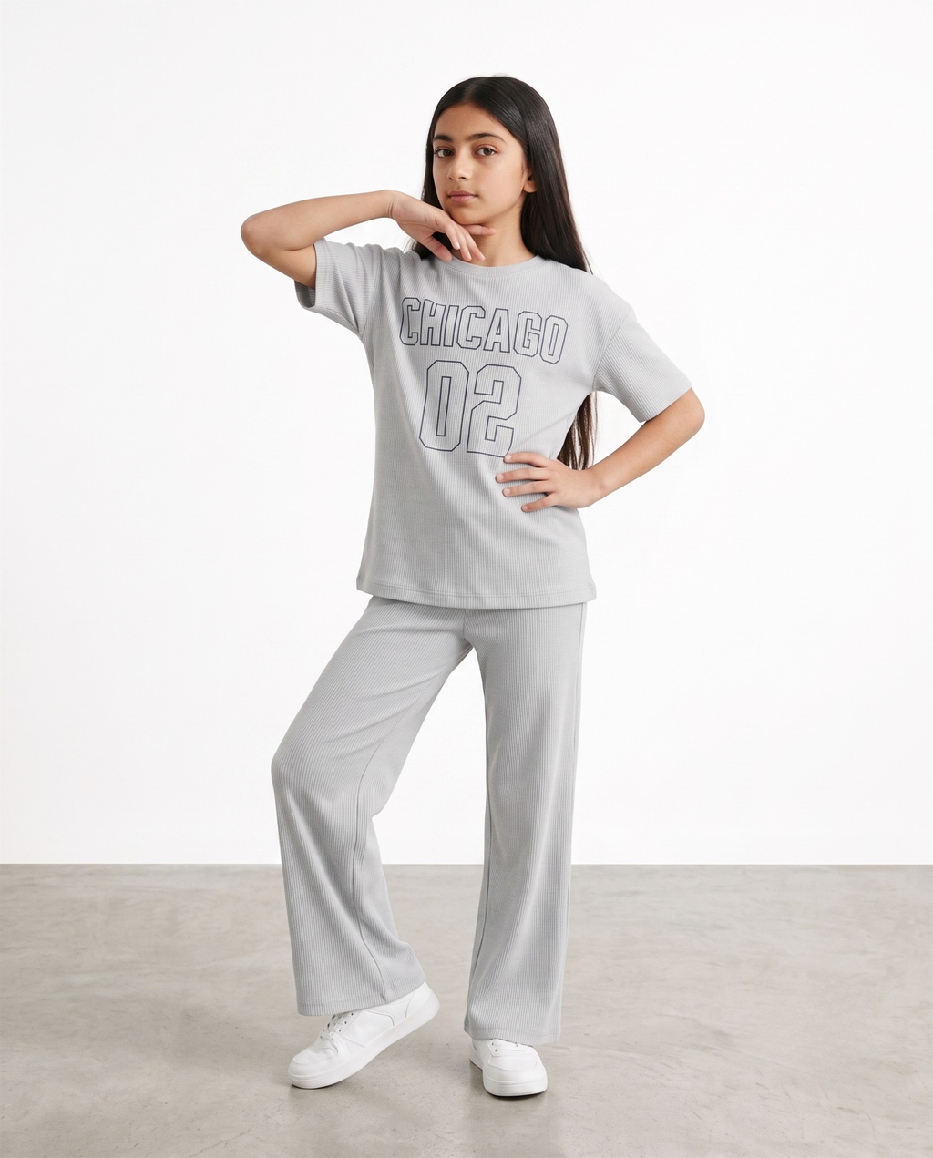 Girls Grey Ribbed 2-Piece Co-ord Set | Chicago 02 Graphic Tee & Wide Leg Trousers