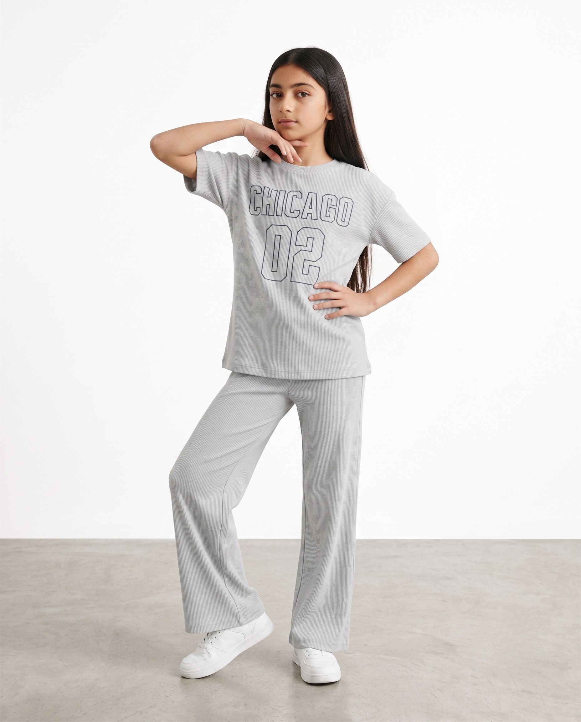 Girls Grey Ribbed 2-Piece Co-ord Set | Chicago 02 Graphic Tee & Wide Leg Trousers