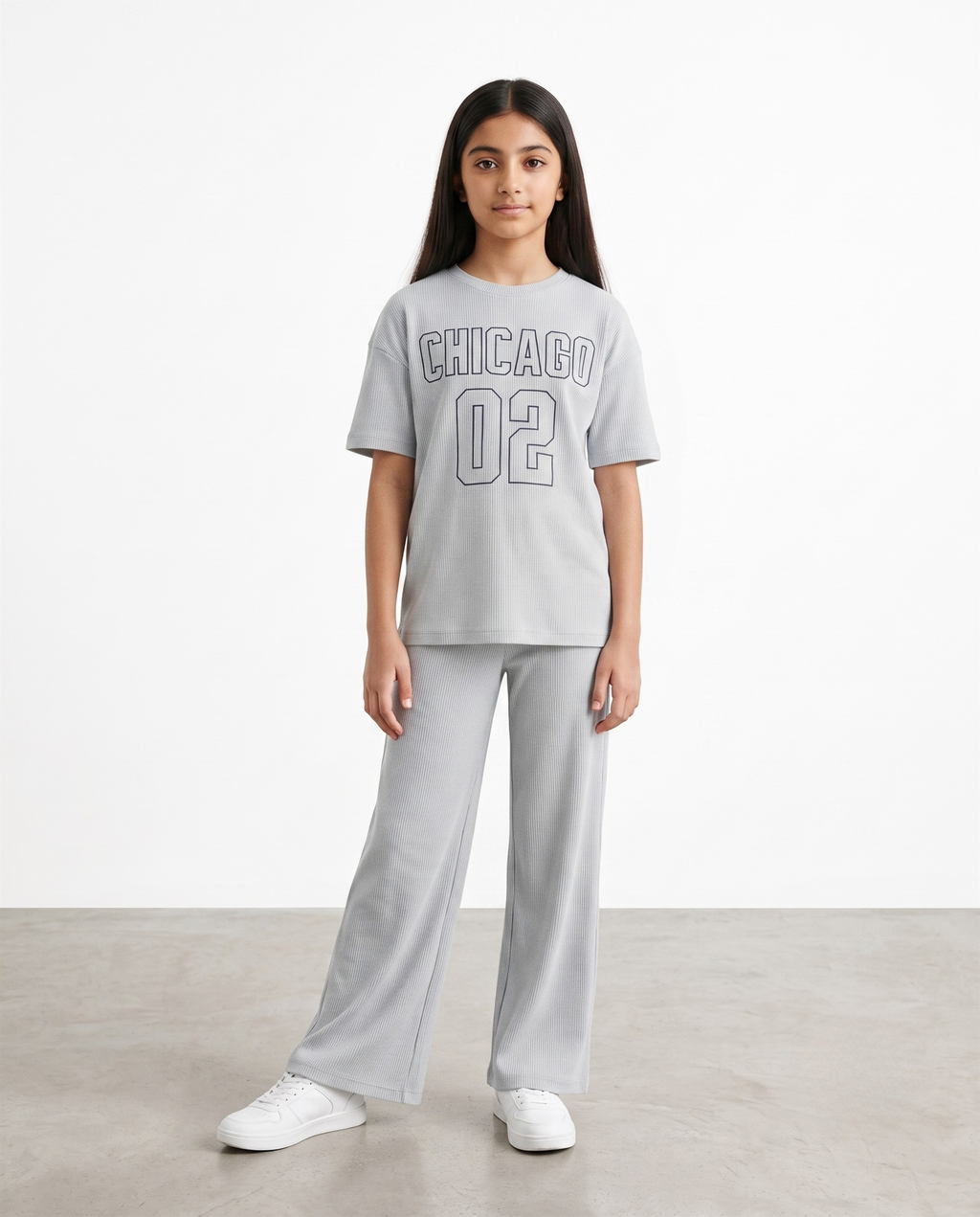 Girls Grey Ribbed 2-Piece Co-ord Set | Chicago 02 Graphic Tee & Wide Leg Trousers