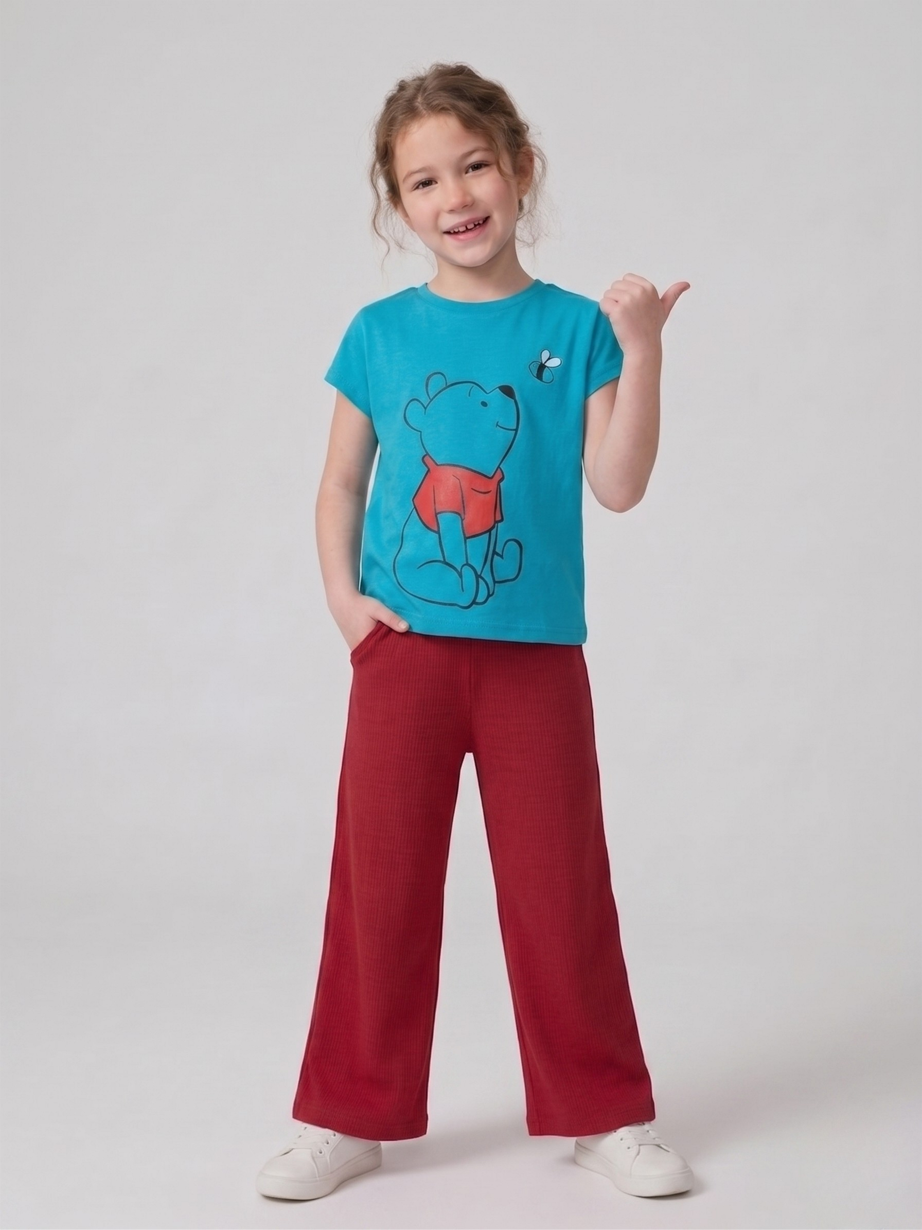 Girls Teal Graphic T-Shirt with Red Trouser Set – 100% Cotton Comfy Kids Outfit