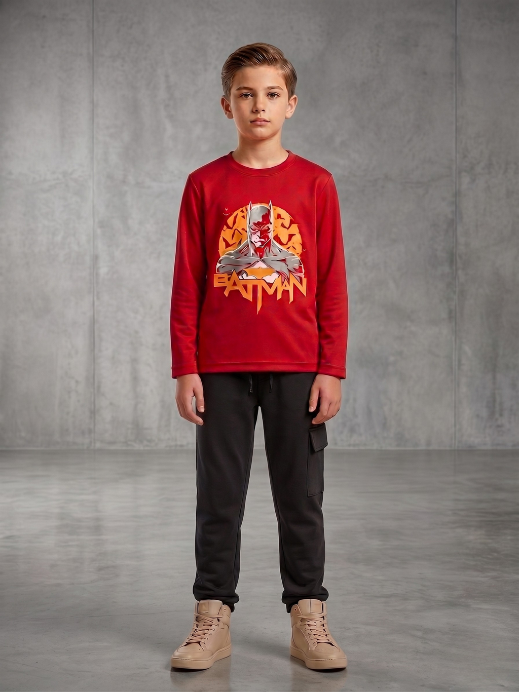 Boys Red Batman Graphic T-Shirt 100% Cotton Full Sleeves Casual Kids Wear