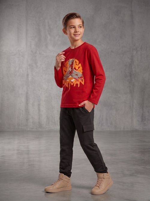 Boys Red Batman Graphic T-Shirt 100% Cotton Full Sleeves Casual Kids Wear