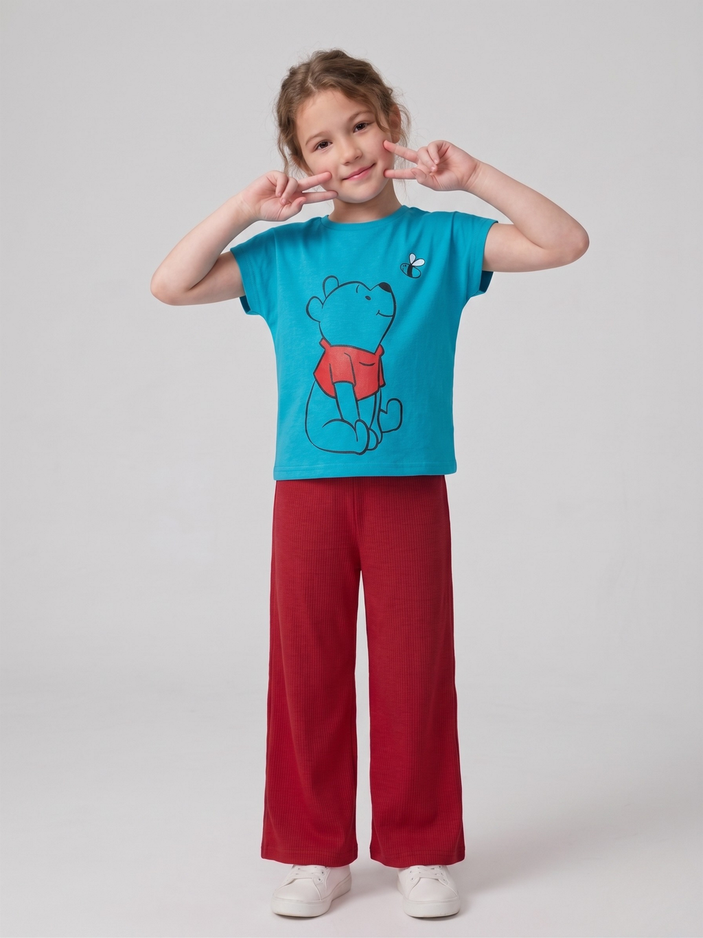 Girls Teal Graphic T-Shirt with Red Trouser Set – 100% Cotton Comfy Kids Outfit