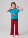 Girls Teal Graphic T-Shirt with Red Trouser Set – 100% Cotton Comfy Kids Outfit
