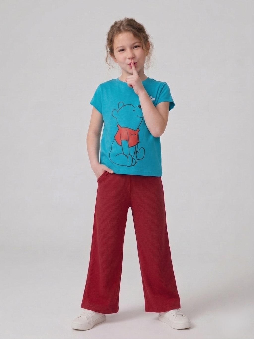 Girls Teal Graphic T-Shirt with Red Trouser Set – 100% Cotton Comfy Kids Outfit