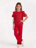 Girls Red Ribbed Co-Ord Set – 100% Cotton Rib, Comfy Wide-Leg Pants & Soft Short Top