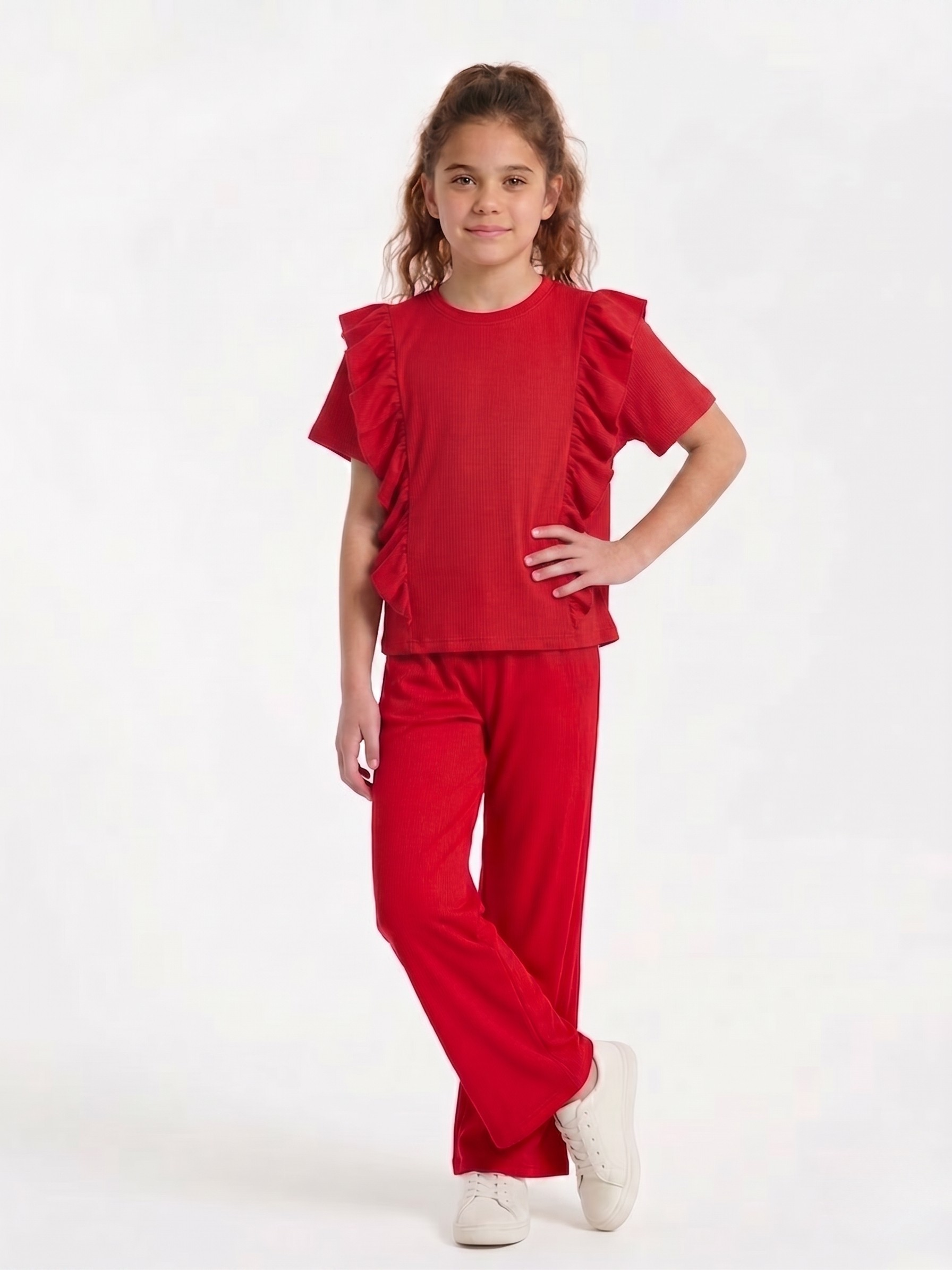 Girls Red Ribbed Co-Ord Set – 100% Cotton Rib, Comfy Wide-Leg Pants & Soft Short Top