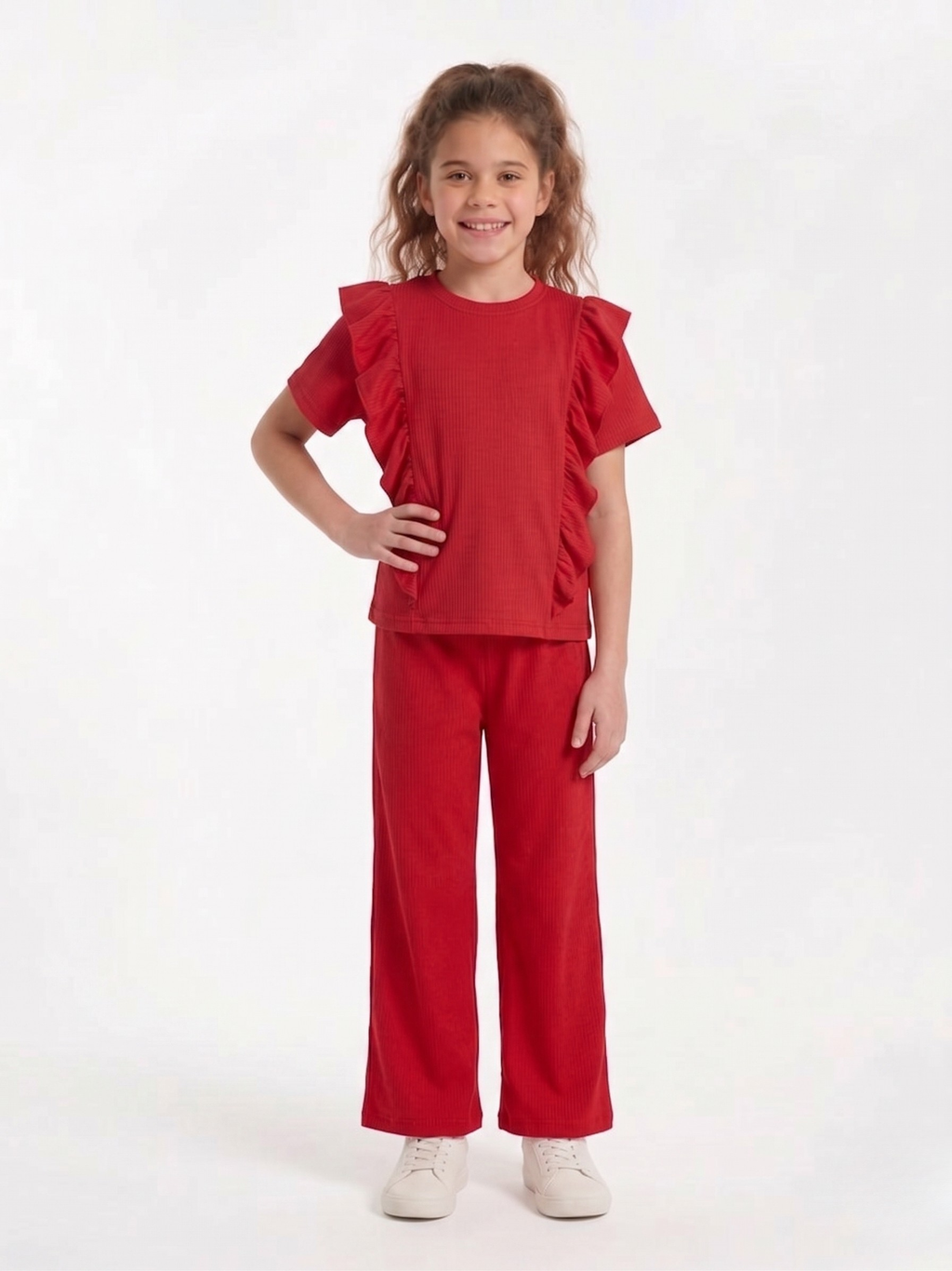 Girls Red Ribbed Co-Ord Set – 100% Cotton Rib, Comfy Wide-Leg Pants & Soft Short Top