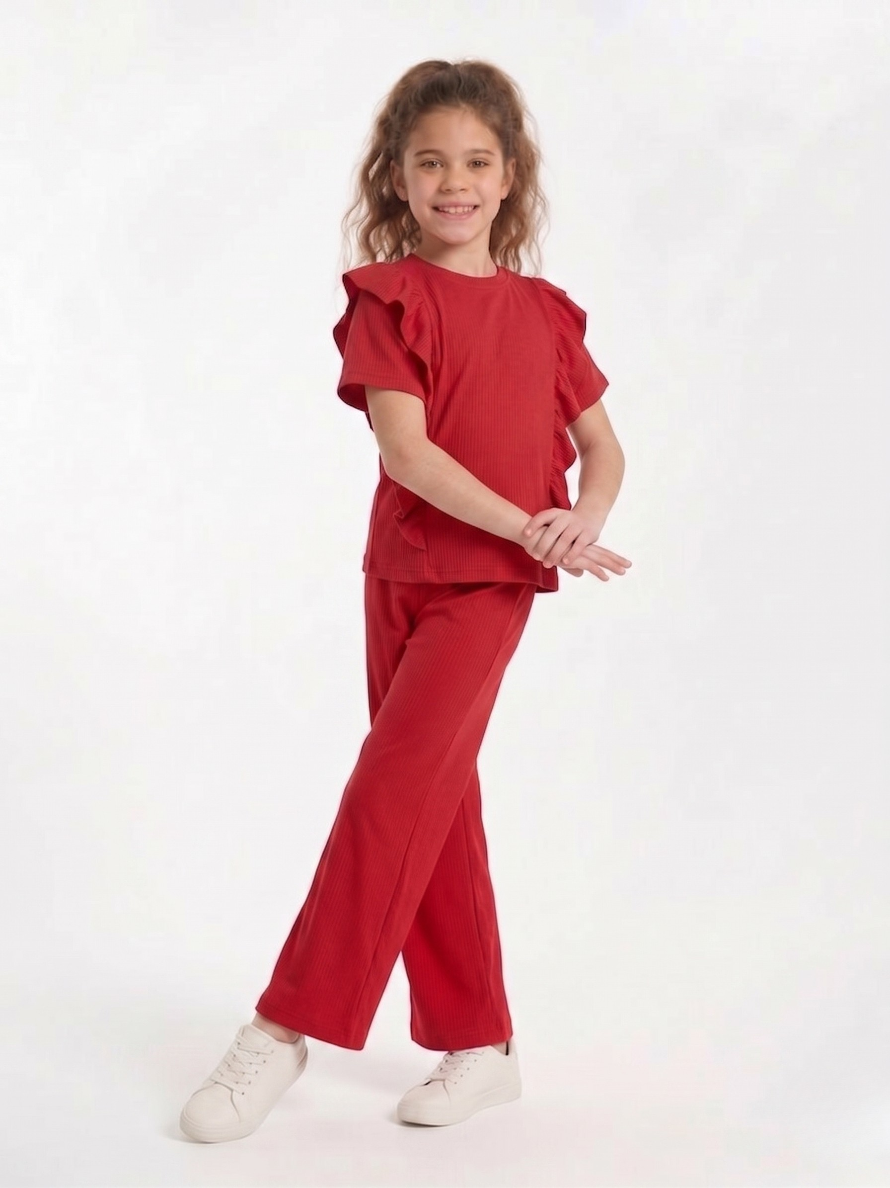 Girls Red Ribbed Co-Ord Set – 100% Cotton Rib, Comfy Wide-Leg Pants & Soft Short Top
