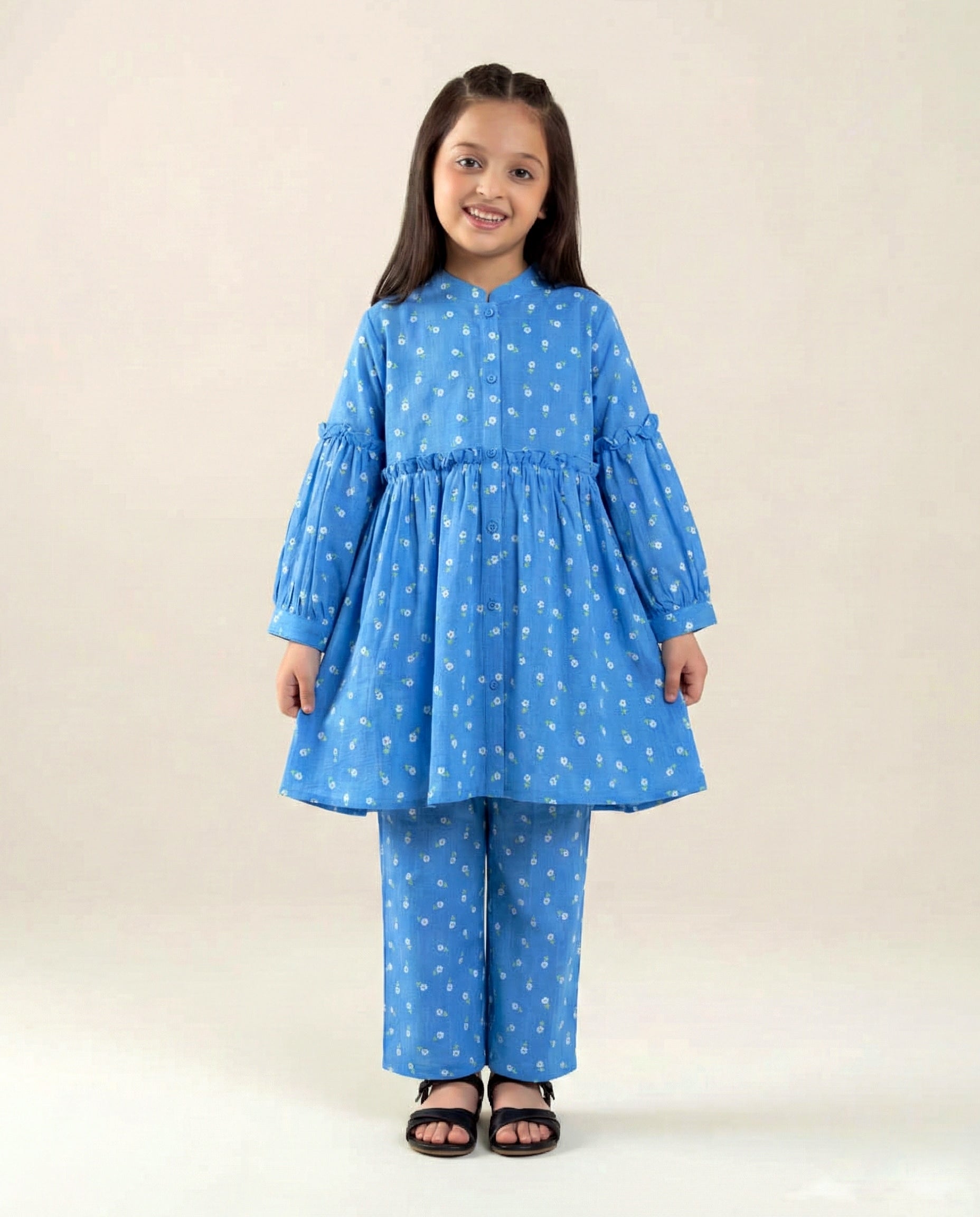Girls Blue Printed Cotton Suit – 2 Piece top & bottom