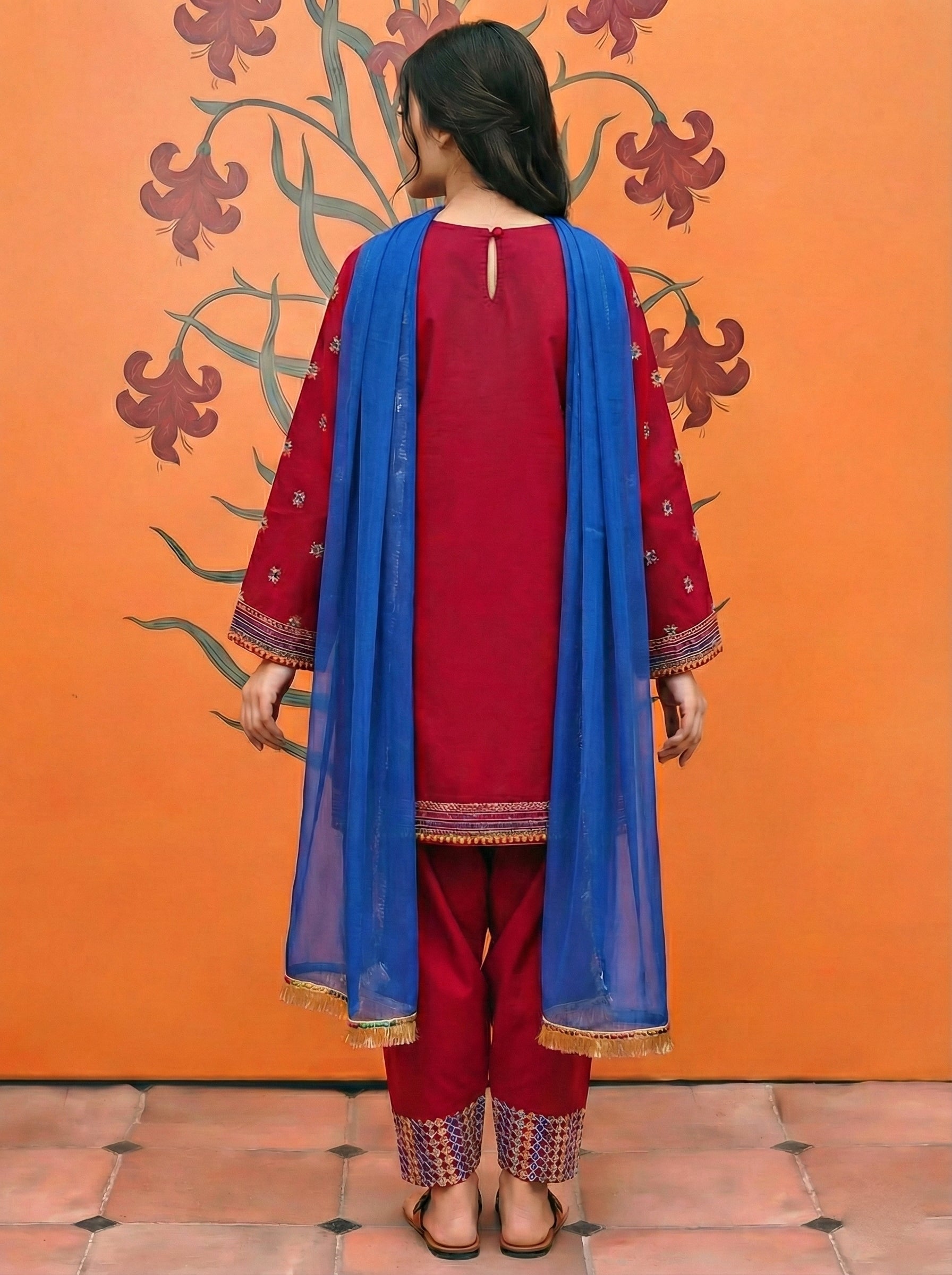 Girls Premium 3-Piece Embroidered Cotton Suit with Net Dupatta – Festive & Casual Wear