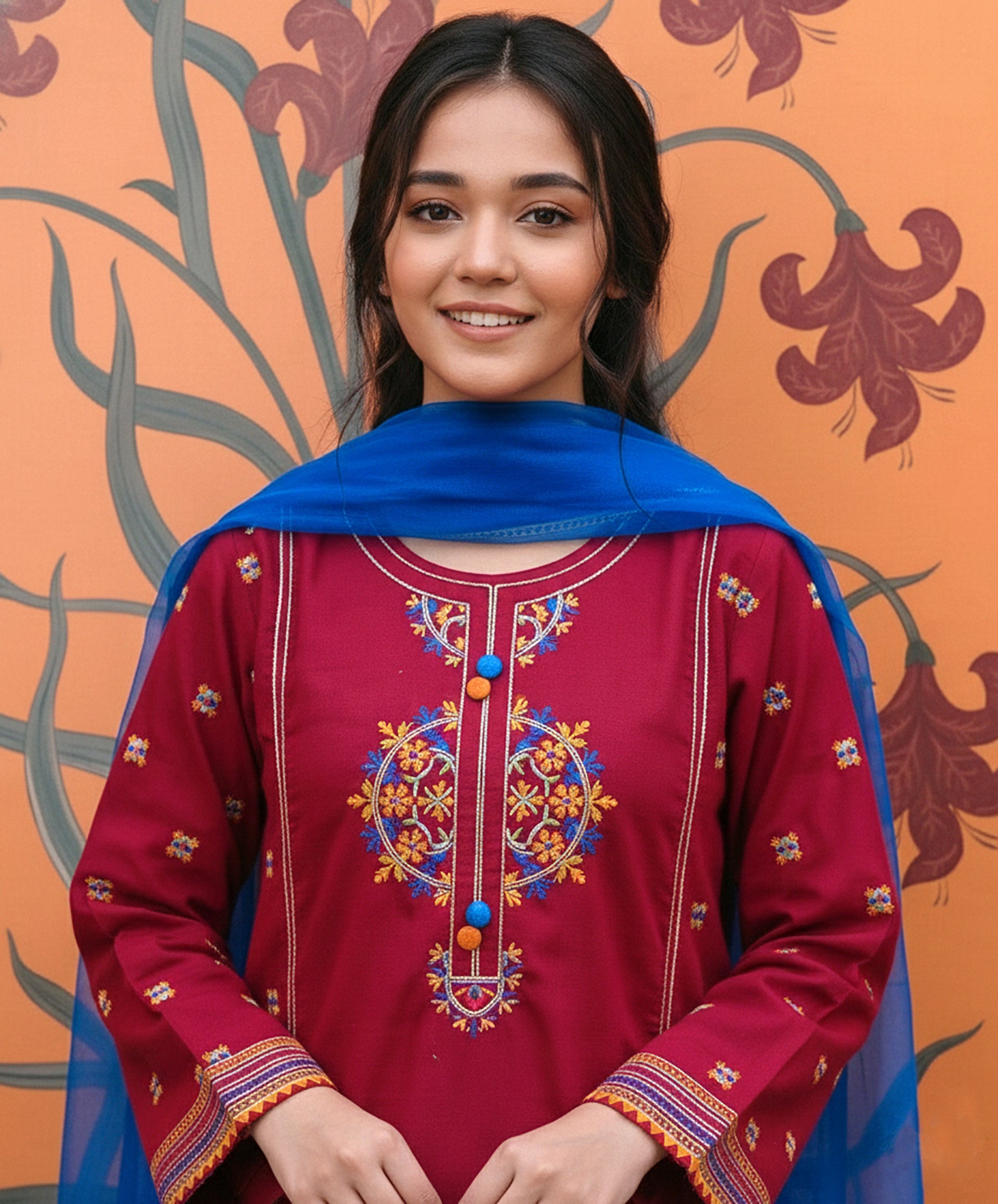 Girls Premium 3-Piece Embroidered Cotton Suit with Net Dupatta – Festive & Casual Wear