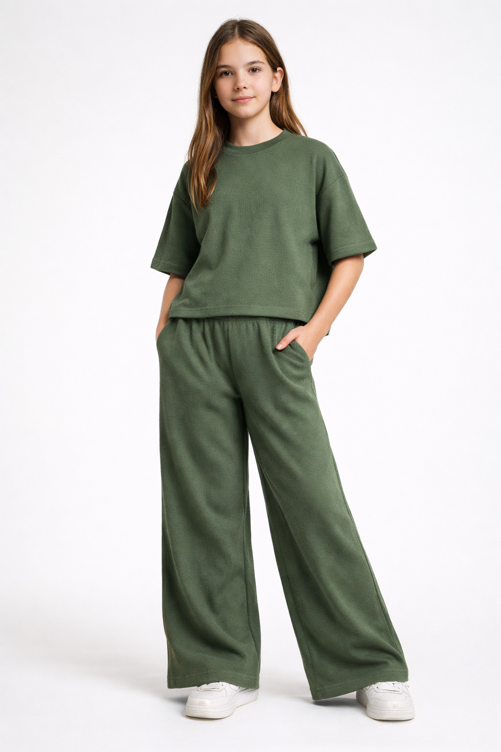 Effortless Summer Cool | Girls' Green Ribbed Knit Oversized Co-Ord Set