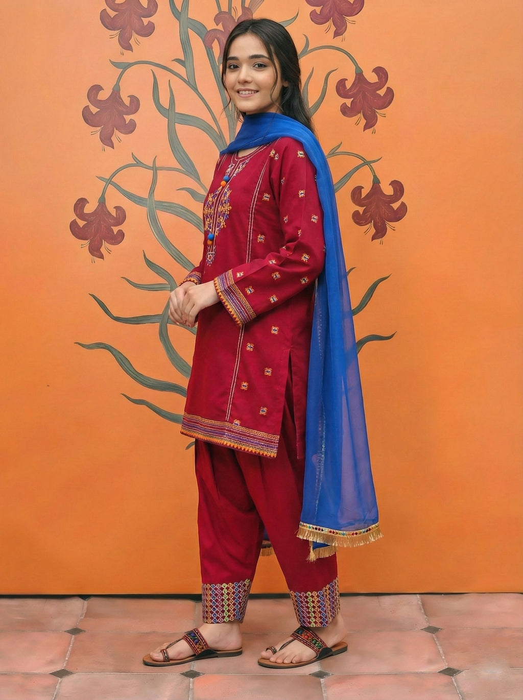 Girls Premium 3-Piece Embroidered Cotton Suit with Net Dupatta – Festive & Casual Wear